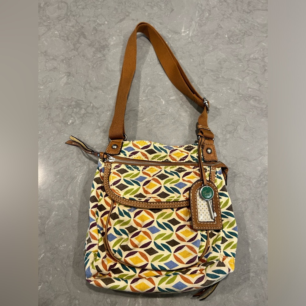 Fossil Multi Color Fabric Crossbody Bag with Zip Around Organizer Bag Charm